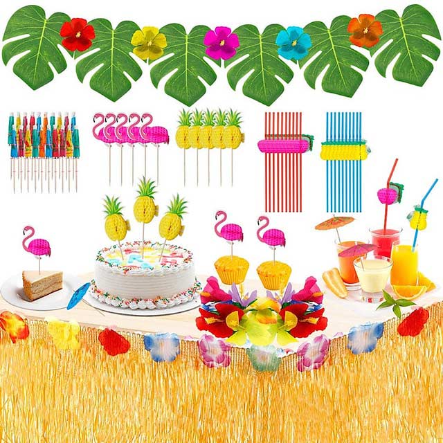 83pcs-Hawaiian-Tropical-Party-Decorations-Hawaiian-Table-Skirt-Party-Hibiscus-Fruit-Straw-Set-Hawaiian-Luau-Grass-Table-Skirt-Palm-Leaves-and-Hibiscus-Flowers