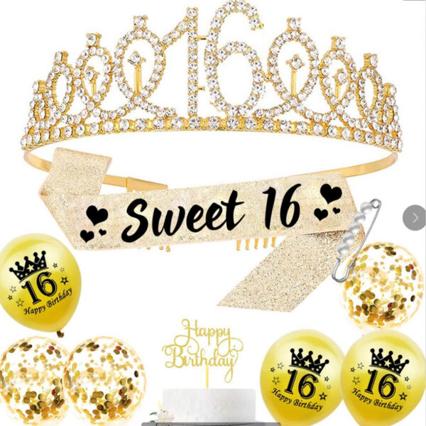 16th 18th Birthday Crown & Birthday Girl Sash Set, Rhinestone Tiaras and Crowns for Women Girls Gold Tiara Birthday Gold Sash Princess Tiaras Queen Crowns for Birthday Party Photoshoot