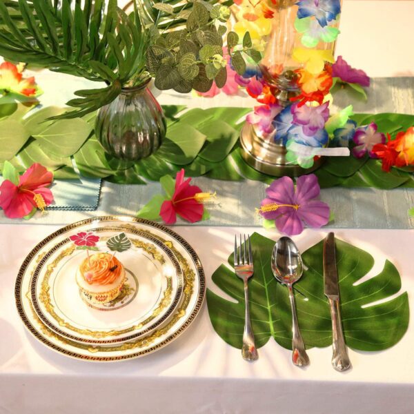 83pcs Hawaiian Tropical Party Decorations Hawaiian Table Skirt Party Hibiscus Fruit Straw Set Hawaiian Luau Grass Table Skirt Palm Leaves and Hibiscus Flowers