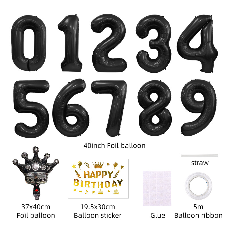 New 40-inch black gold Digital Crown aluminum film balloon birthday birthday party photo props sticker balloon