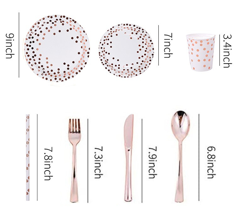 bronzing point disposable restaurant hotel western food party party paper tableware set round paper plate paper cup knife and fork