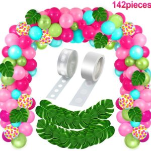 142Pcs Tropical Balloons Arch Garland Kit Hot Pink Green Rose Gold Confetti Balloons Palm Leaves & 2Tools for Tropical Hawaii Aloha Luau Flamingo Theme Birthday Party Baby Shower Wedding Decorations