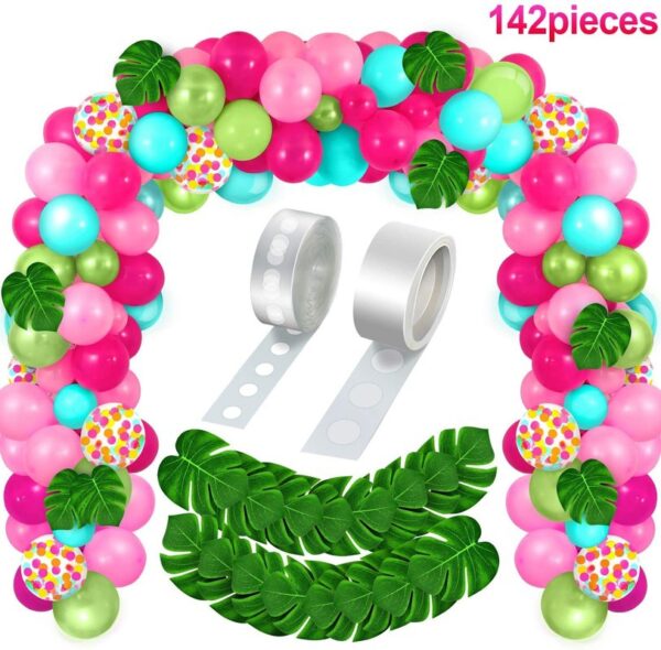 142Pcs Tropical Balloons Arch Garland Kit Hot Pink Green Rose Gold Confetti Balloons Palm Leaves & 2Tools for Tropical Hawaii Aloha Luau Flamingo Theme Birthday Party Baby Shower Wedding Decorations