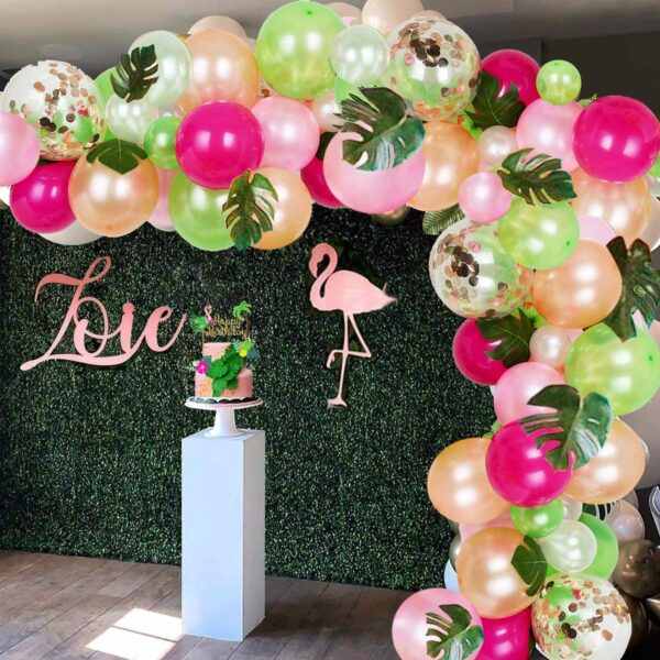 92pcs Tropical Balloons Arch Garland Kit Pink Green Gold Confetti Balloons with Palm Leaves for Baby Shower Birthday Hawaii Luau Flamingo Aloha Party Supplies