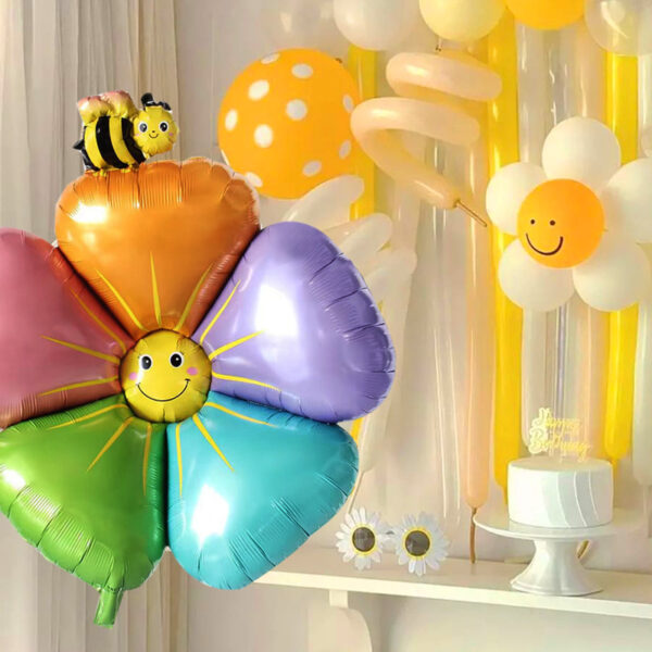 Bee daisies Sunflower balloons Macaron flowers float empty children Adult birthday scene set foil balloons