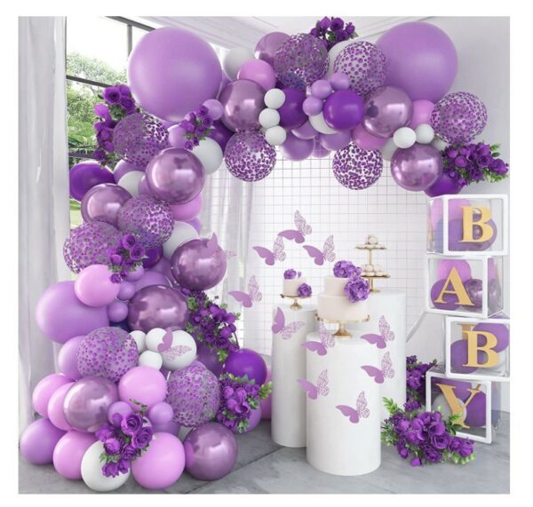 Purple Balloon Garland Kit 145 Pcs Butterfly Baby Shower Decorations for Girl 12 Pcs Butterfly Stickers Balloons Arch White Metallic Purple Confetti for Birthday Wedding Party (1)