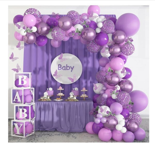 Purple Balloon Garland Kit 145 Pcs Butterfly Baby Shower Decorations for Girl 12 Pcs Butterfly Stickers Balloons Arch White Metallic Purple Confetti for Birthday Wedding Party (1)